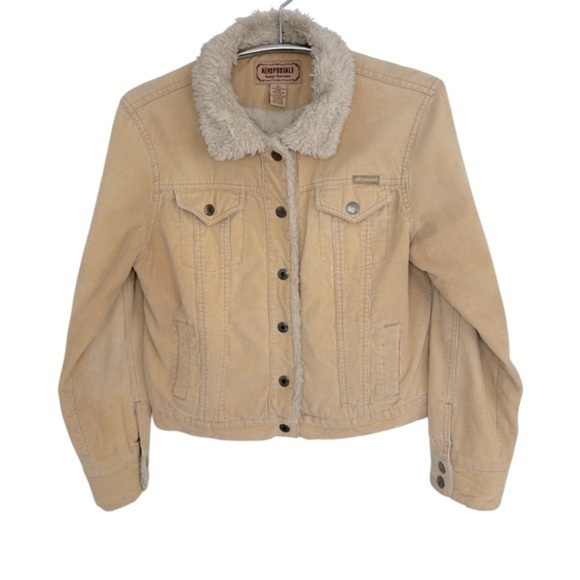 VTG AEROPOSTALE VANILLA CORDUROY VEGAN FUR COLLARED JACKET, SIZE L - Picture 1 of 12